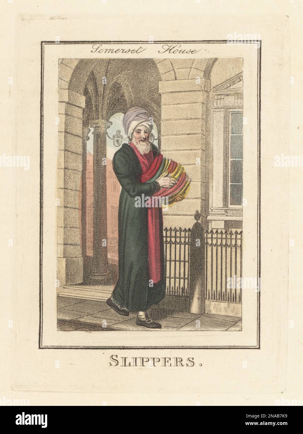 Vendeur de pantoufles turc devant Somerset House. Turk en turban, robe longue et chaussures à boucle, avec pantoufles marocaines de différentes couleurs et tailles. Devant l'entrée ouest de Somerset House avec son portique voûté pour les voitures et les piétons. Gravure de plaques de copperplate de couleur main par Edward Edwards, d'après une illustration de William Marshall Craig de Description des plaques représentant les Itinerant Traders de Londres, Richard Phillips, n° 71 St Paul's Churchyard, Londres, 1805. Banque D'Images