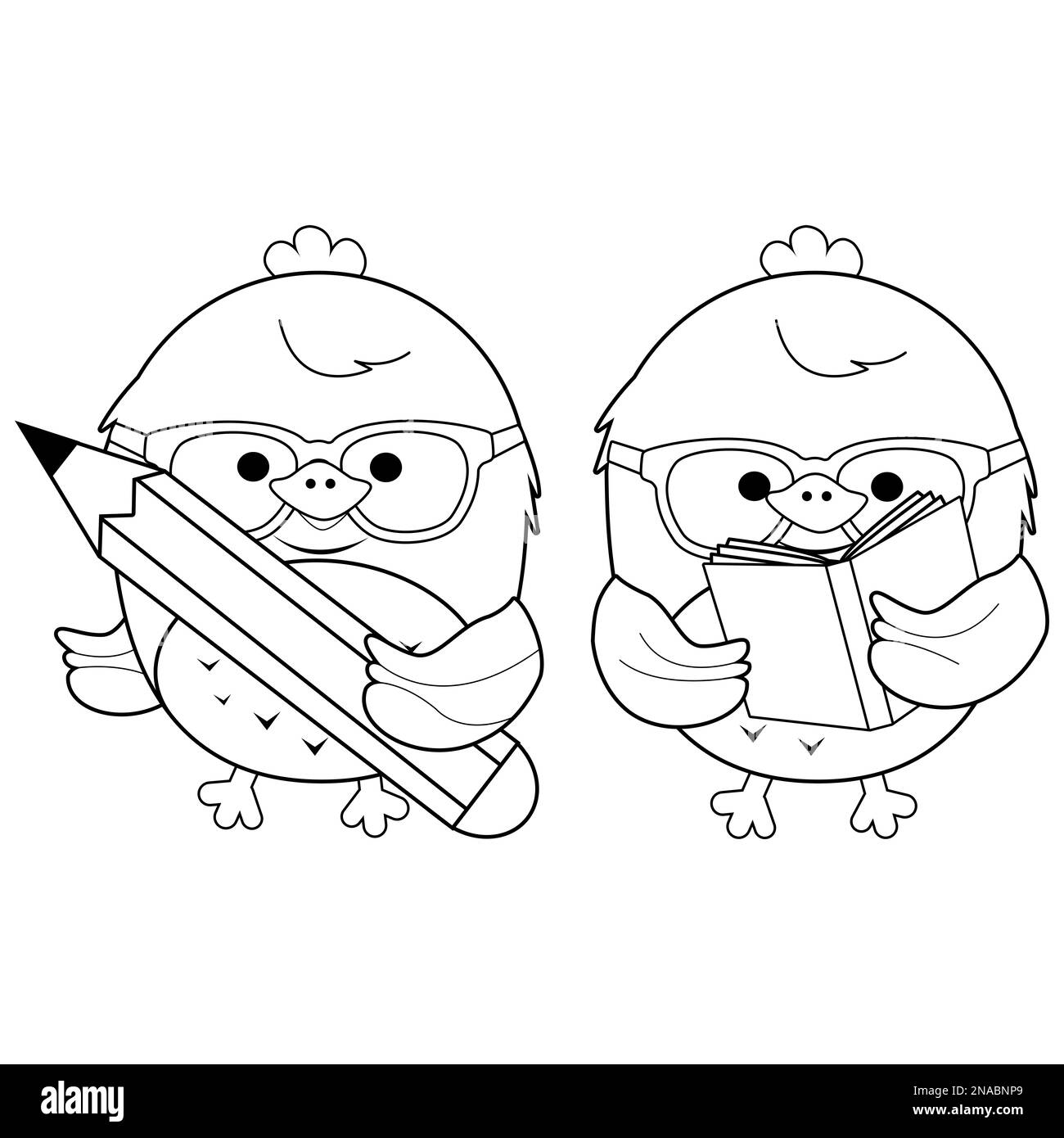 Les adorables étudiants en oiseaux de poulet lisant et écrivant. Page de couleur noir et blanc Banque D'Images Les adorables étudiants en oiseaux de poulet lisant et écrivant. Page de couleur noir et blanc Banque D'Images