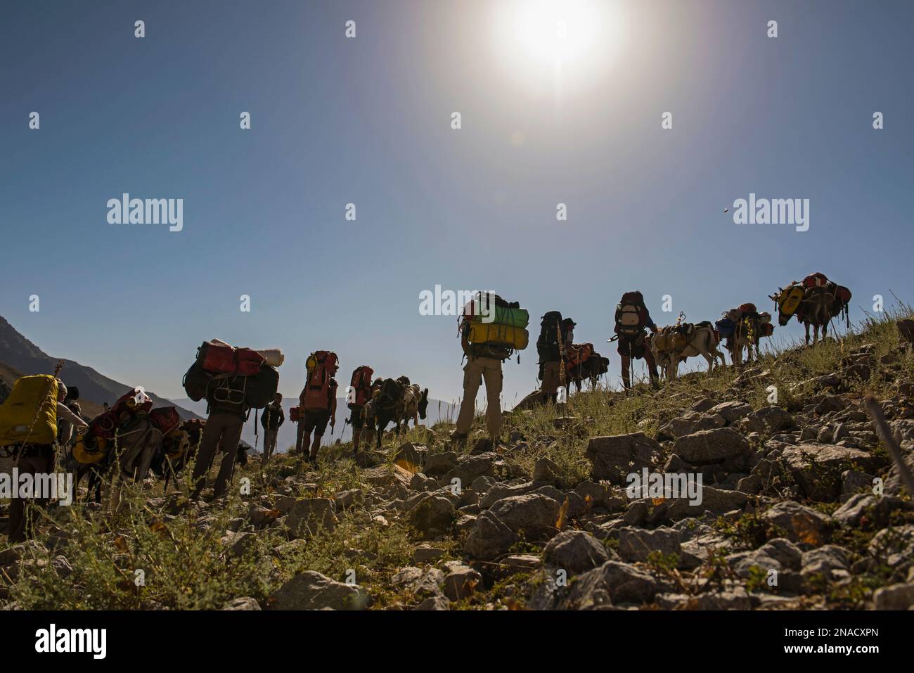 Une équipe d'expédition internationale de cavaliers traverse la chaîne Boysuntov en Ouzbékistan. Banque D'Images