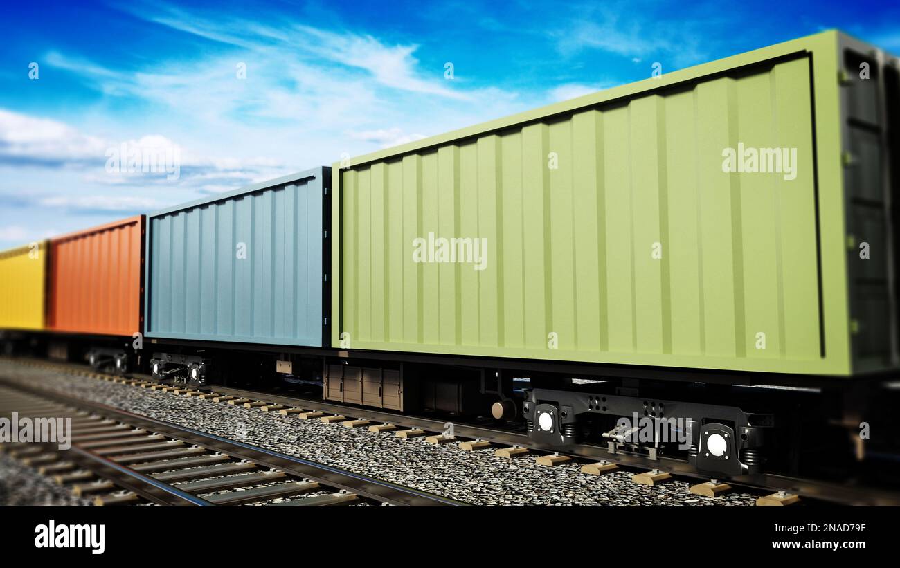Train de cargaison se déplaçant sur le chemin de fer. 3D illustration. Banque D'Images