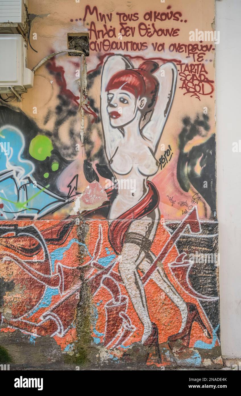 Graffiti prostitution, Iasonos Straße, Metaxourgio Viertel, Athen, Griechenland Banque D'Images