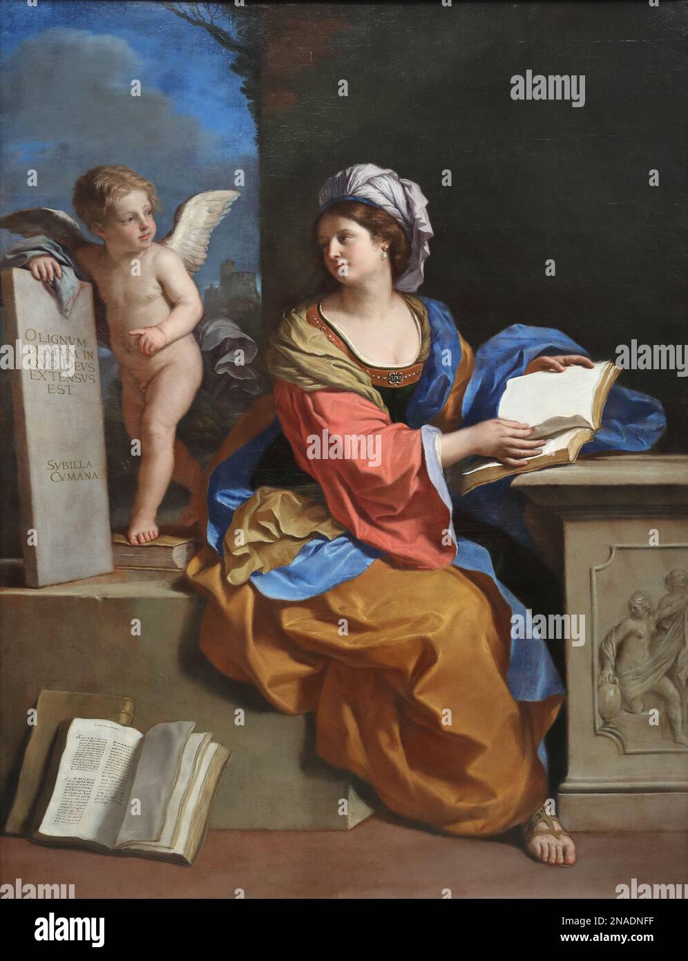 Le Cumaean Sibyl avec un Putto par le peintre baroque italien Guercino à la National Gallery, Londres, Royaume-Uni Banque D'Images