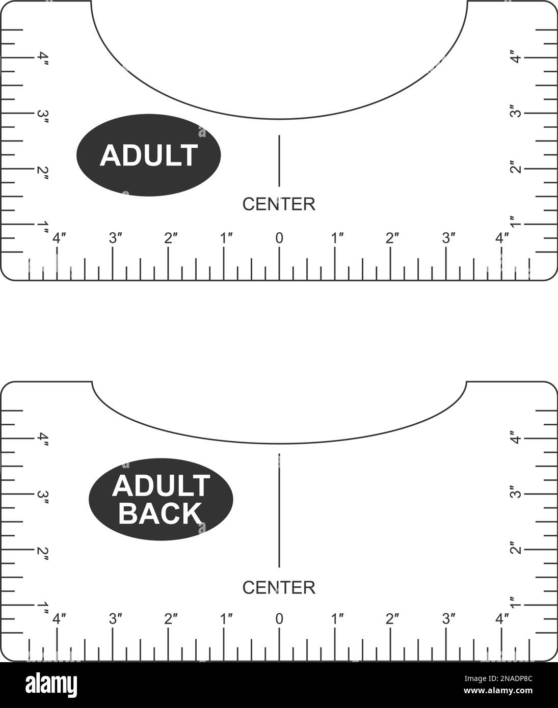 Guide d'alignement du tee-shirt. Modèles pour adultes à l'avant et à l'arrière. Règles pour le centrage de la conception de vêtements. Outil de mesure de couture avec marquage et numéros pour l'impression ou la découpe au laser. Étalonnage des pouces Illustration de Vecteur