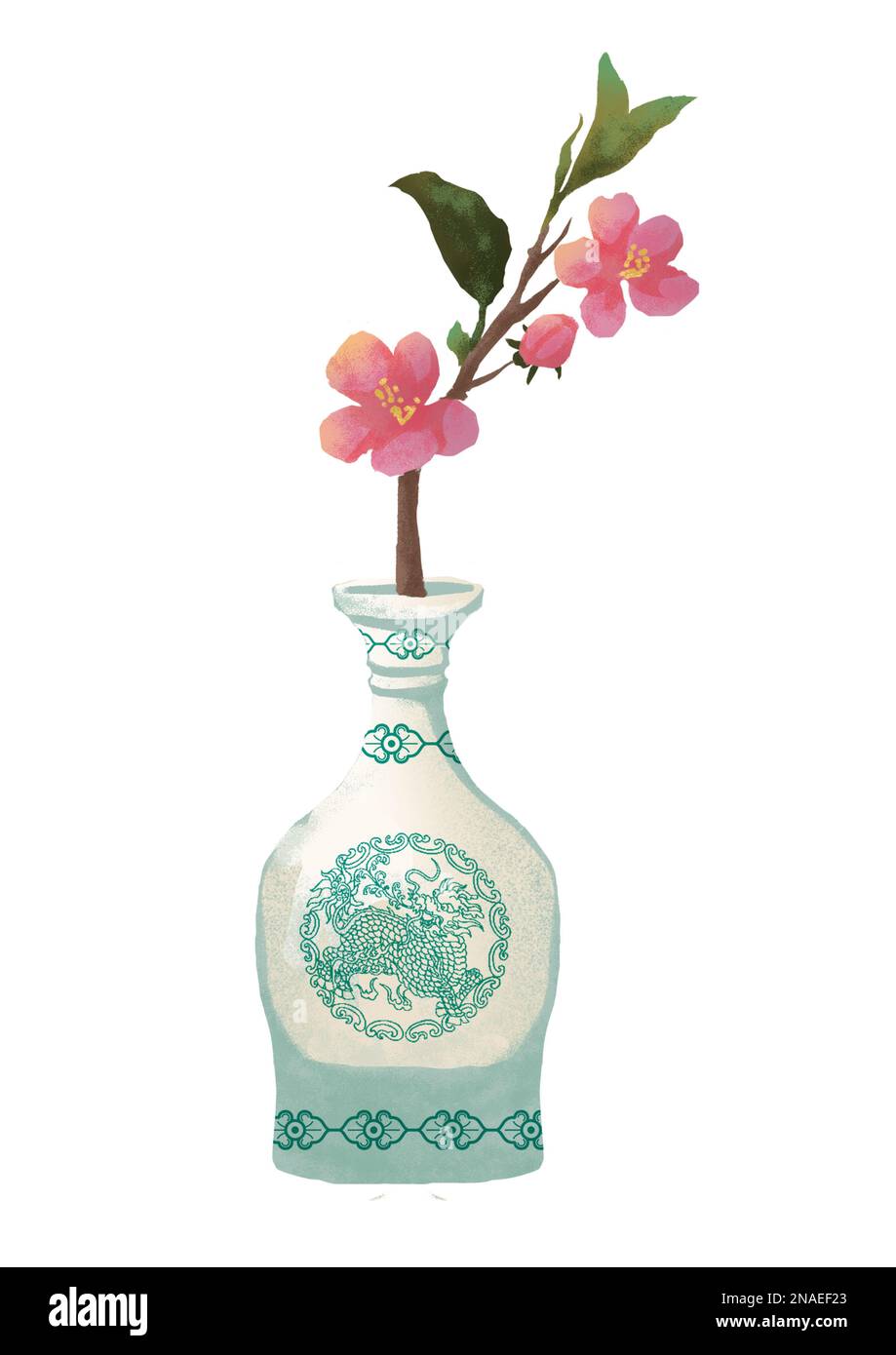 Vase à fleurs de dragon d'époque et branche de fleur de prune chinoiserie asiatique Illustration de l'aquarelle Banque D'Images