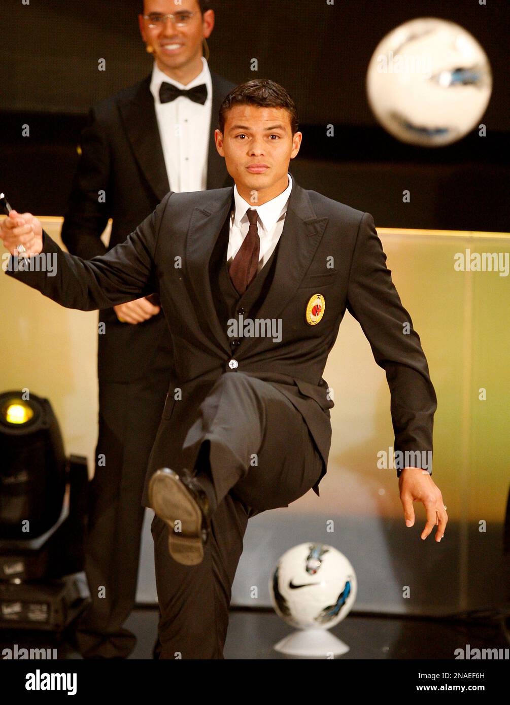 AC Milan Brazilian defender Thiago Silva kicks the ball during the "Gran Gala' del calcio" show, where the best Serie A players are selected, in Milan, Italy, Monday, Jan. 23, 2012. (AP Photo/Antonio Calanni) Banque D'Images