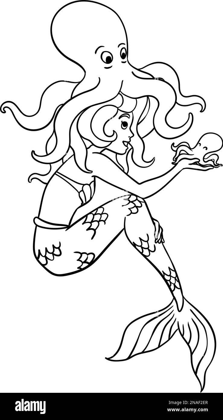Page de coloration isolée Mermaid avec Octopus Illustration de Vecteur