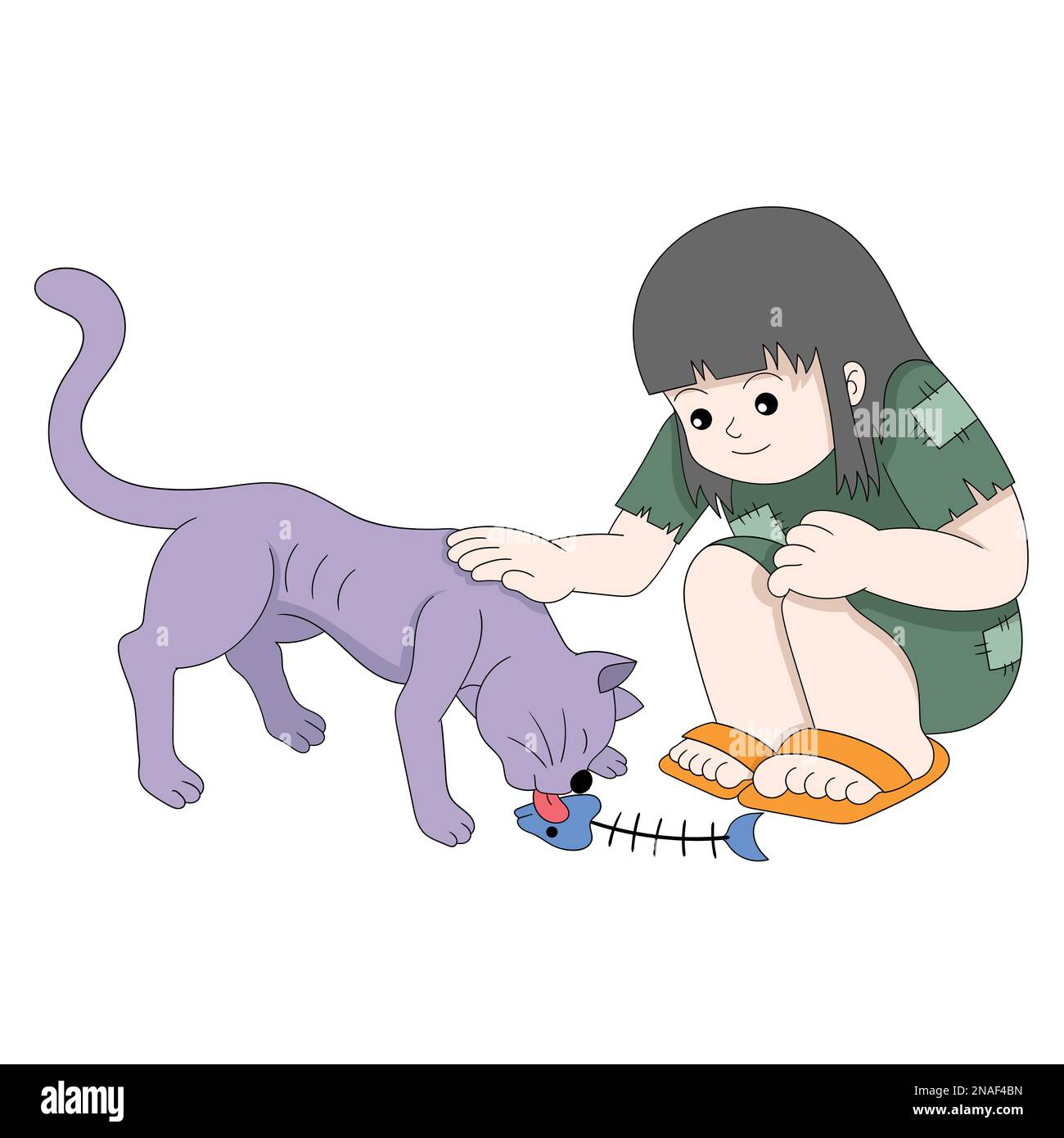 une jeune fille pauvre joue avec un chat qui mange. illustration de conception vectorielle Illustration de Vecteur