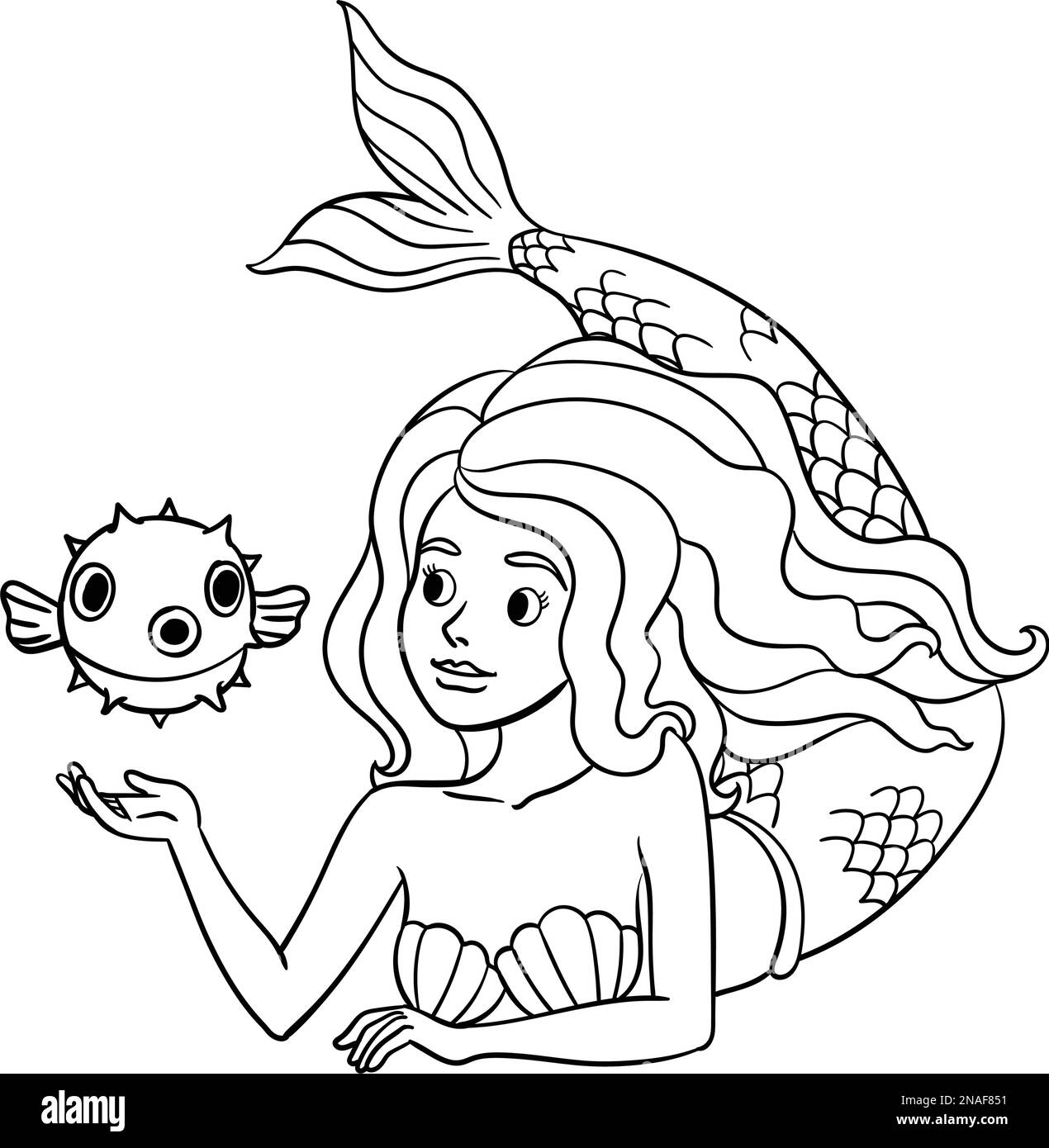 Mermaid et Pufferfish page de coloriage isolée Illustration de Vecteur