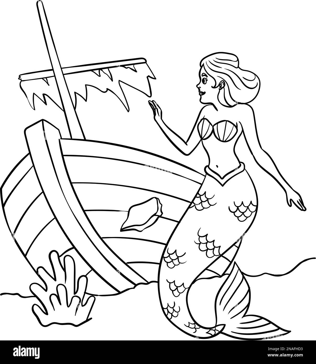 Page de coloration isolée Mermaid et Shipwreck Illustration de Vecteur