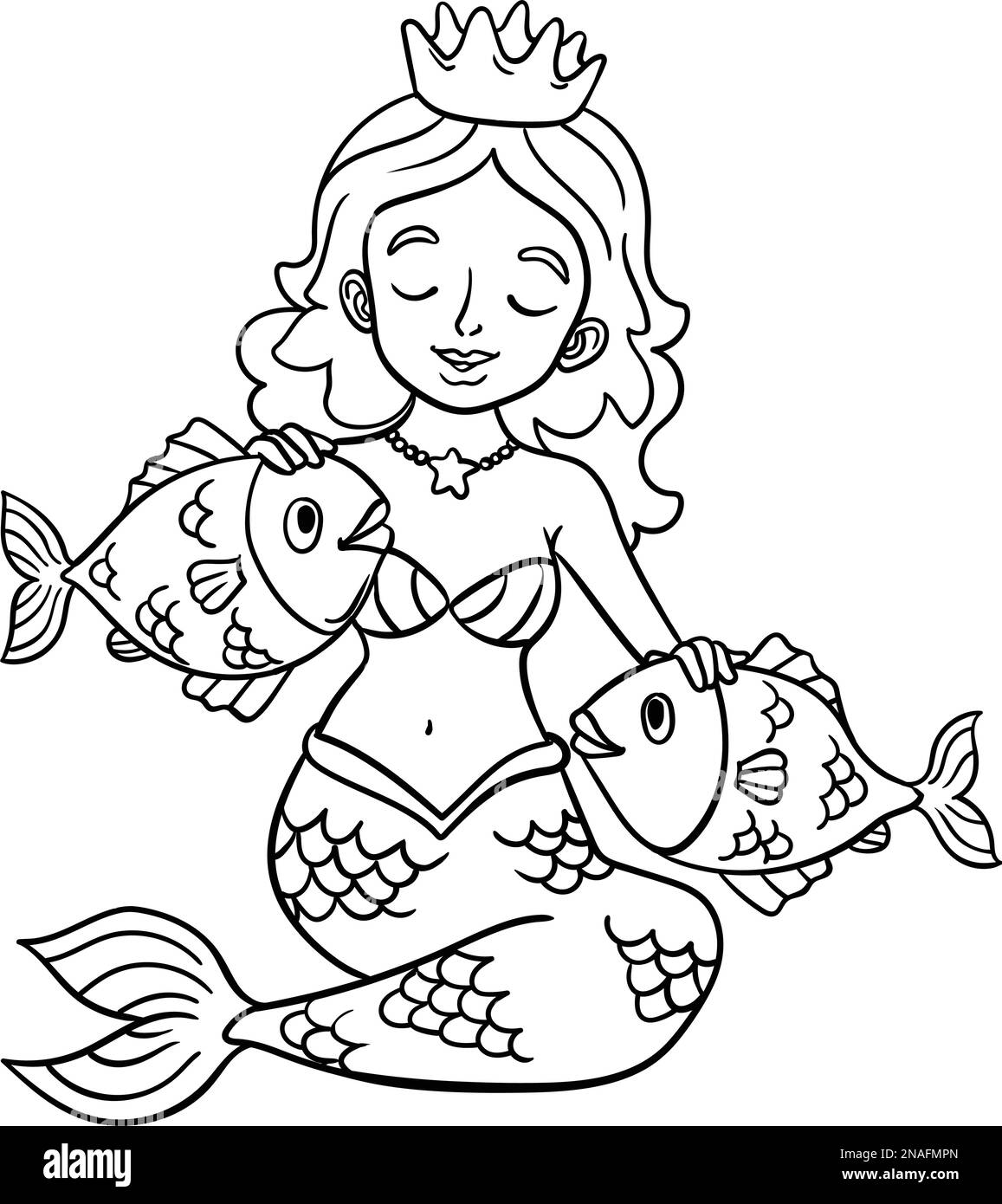 Page de coloriage isolée de la princesse Mermaid et du poisson Illustration de Vecteur