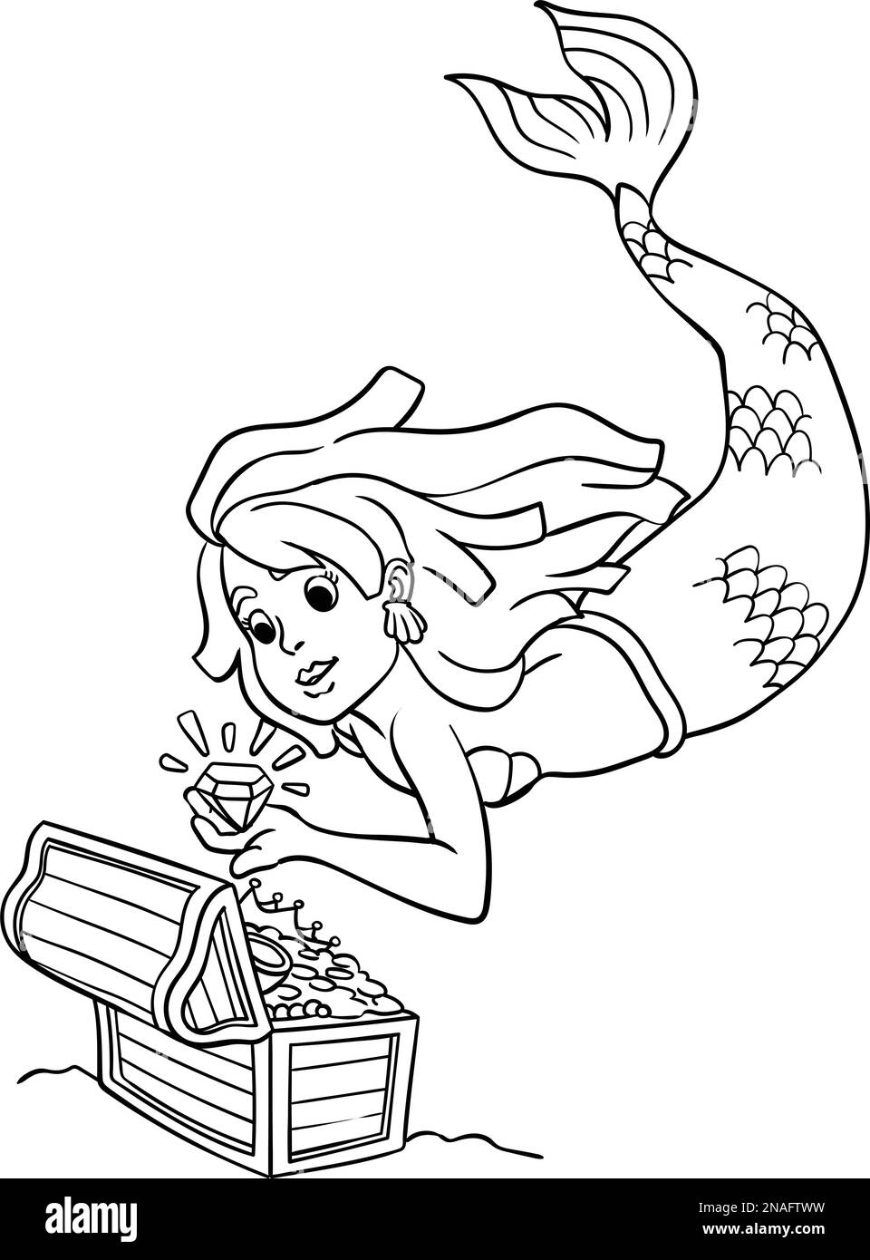 Mermaid avec boîte au Trésor page de coloriage isolée Illustration de Vecteur