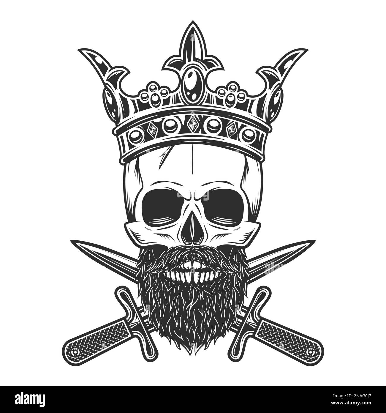 Crâne de roi de couronne avec moustache et barbe hipster et poignard à couteau croisé isolé sur fond blanc illustration monochrome Illustration de Vecteur