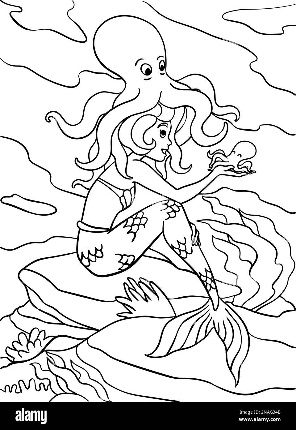 Mermaid avec Octopus coloriage page pour enfants Illustration de Vecteur