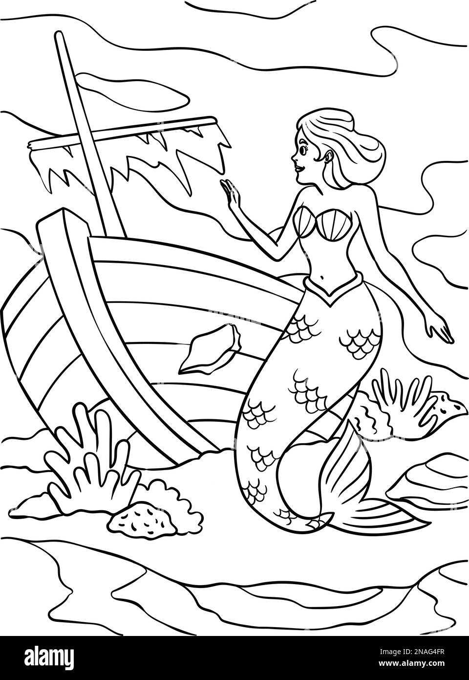 Page de coloration Mermaid and Shipwreck pour enfants Illustration de Vecteur