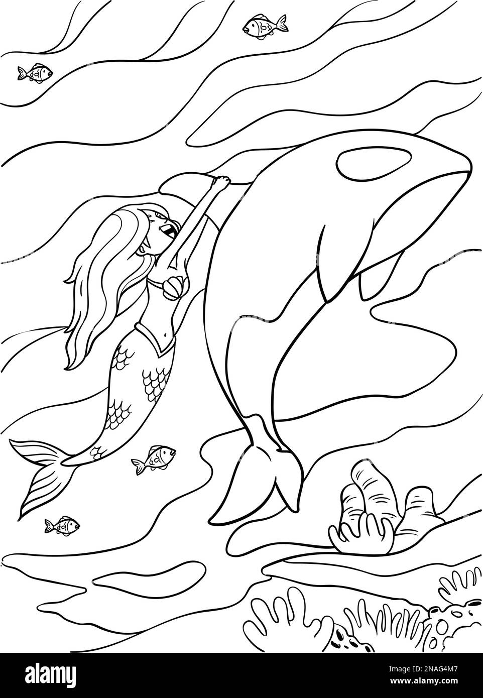 Page de coloriage Mermaid and Dolphin pour les enfants Illustration de Vecteur