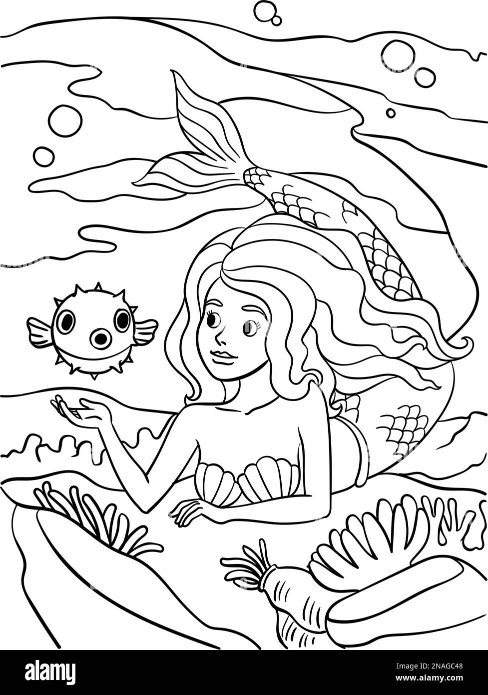 Page de coloration de Mermaid et Pufferfish pour enfants Illustration de Vecteur