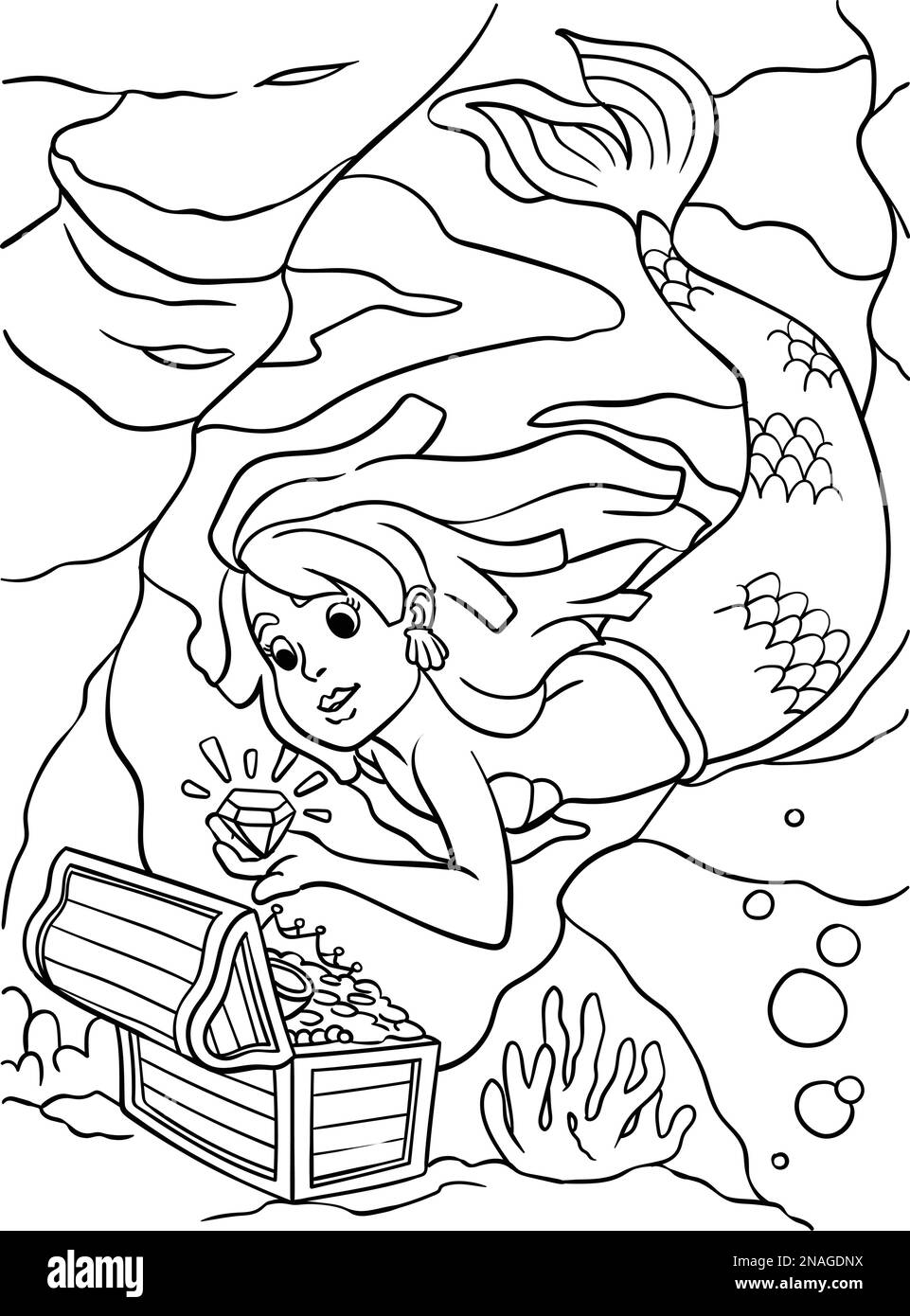 Page de coloriage Mermaid avec boîte au Trésor pour les enfants Illustration de Vecteur