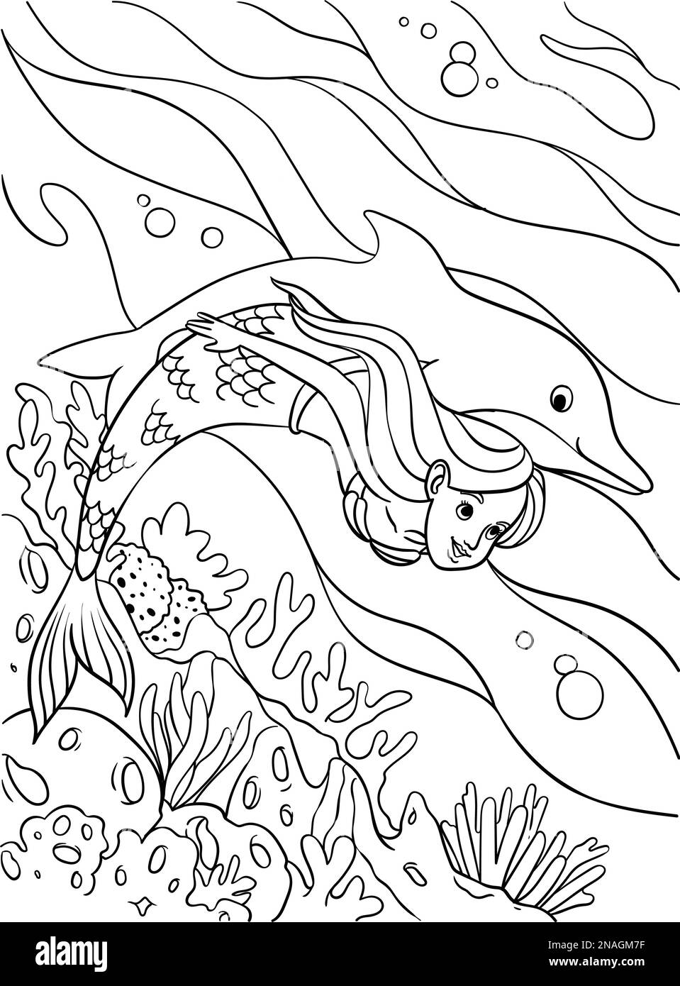 Page de coloriage Mermaid and Dolphin pour les enfants Illustration de Vecteur