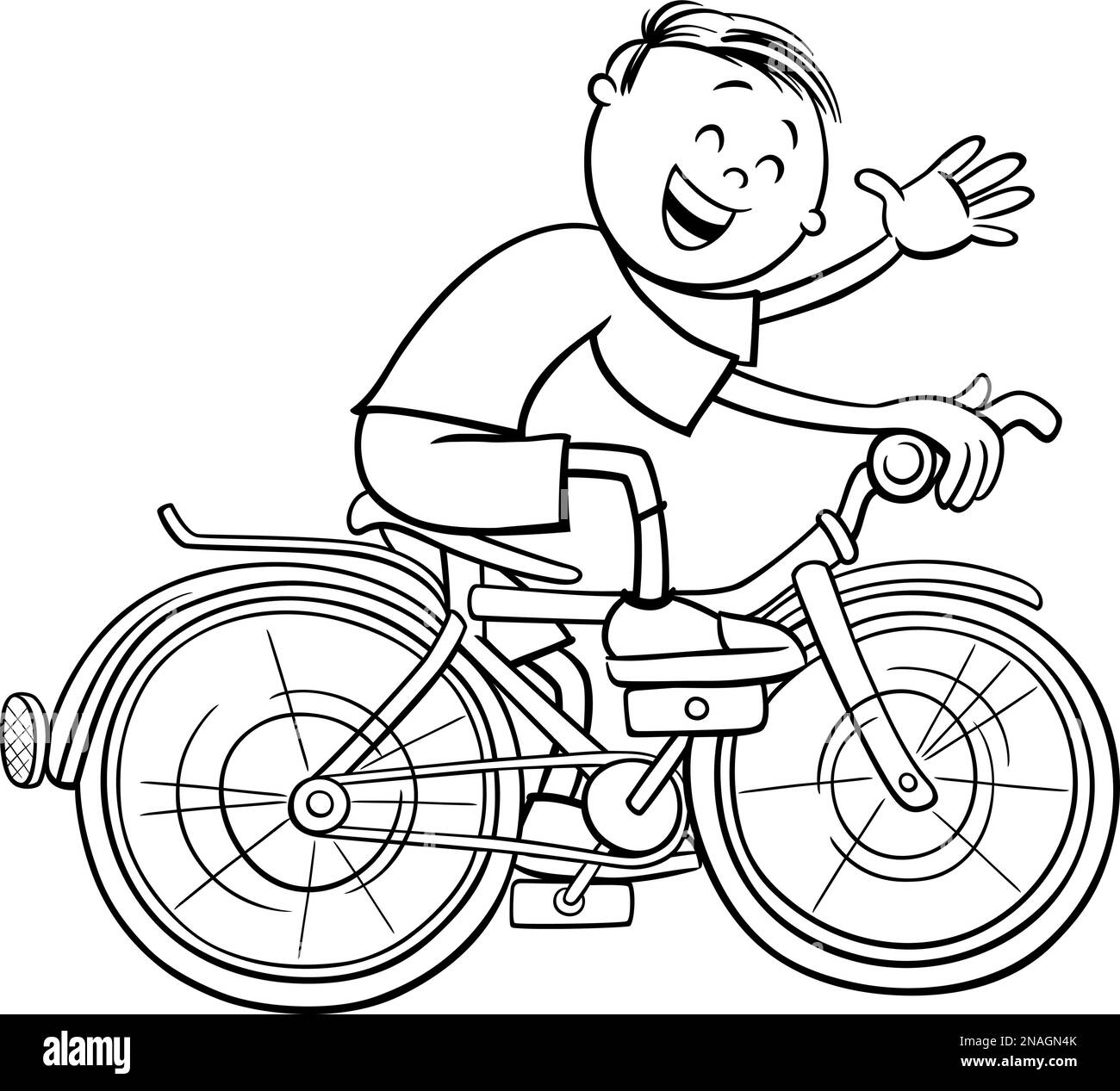 Dessin animé noir et blanc, illustration du personnage de garçon sur une page de coloriage de vélo Illustration de Vecteur