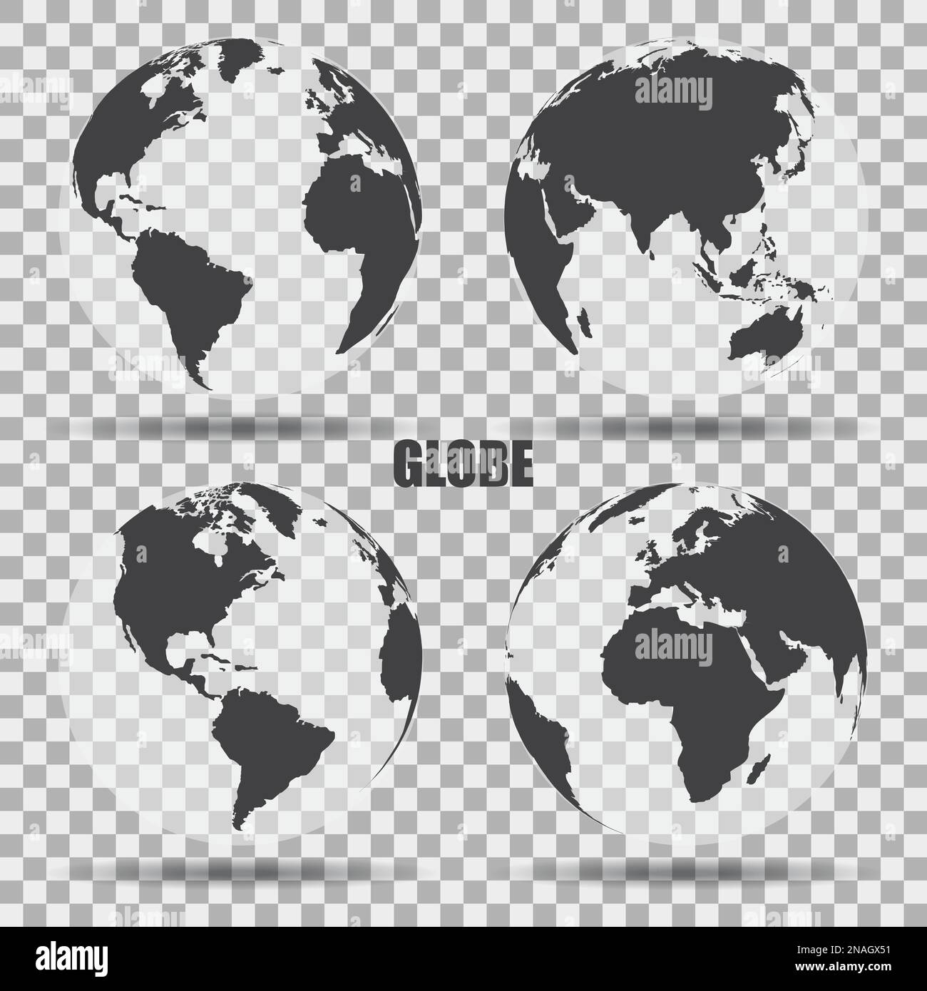 Illustration vectorielle d'icônes de globe gris avec différents continents. Arrière-plan transparent. Ombre réaliste. Cartes de différents pays Illustration de Vecteur