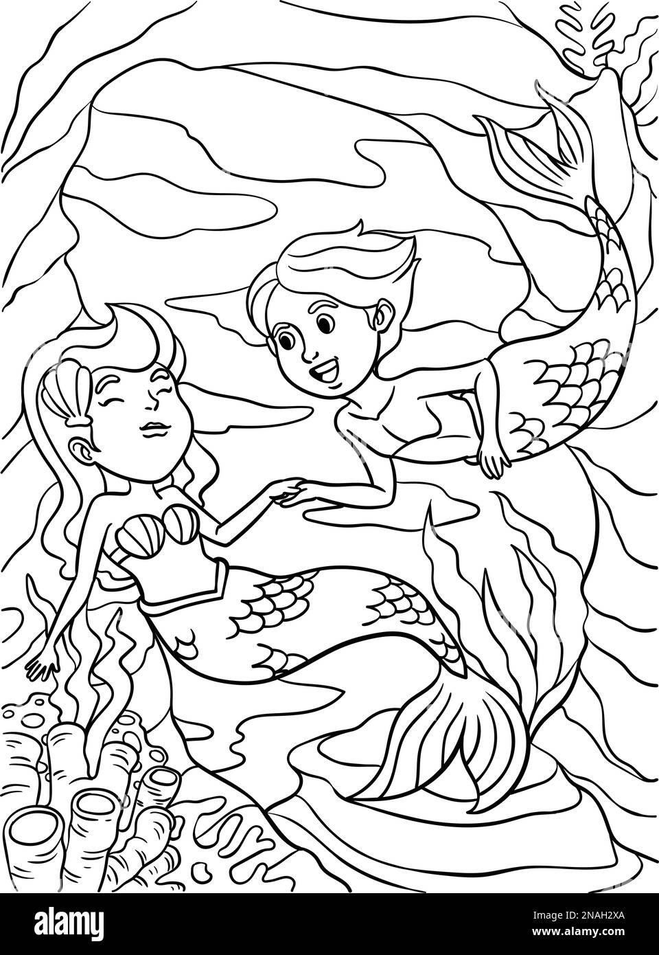 Page de coloriage Mermaid et Merman pour enfants Illustration de Vecteur