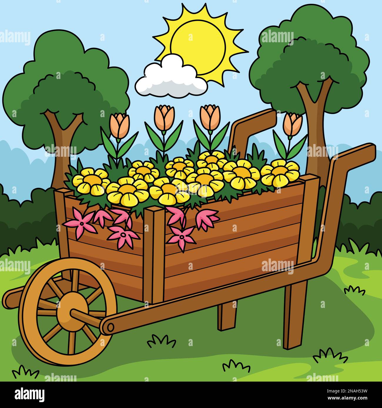 Brouette avec dessin animé couleur fleurs Illustration de Vecteur