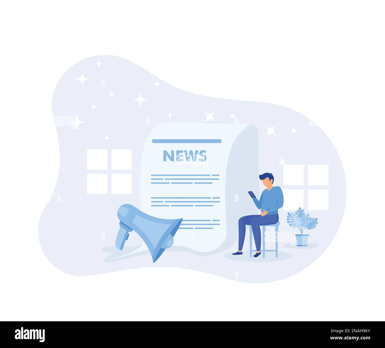 Illustration d'une alimentation saine. Des personnages lisant des informations financières, économiques et mondiales dans les journaux. Personnes analysant de fausses informations dans le medi social Illustration de Vecteur