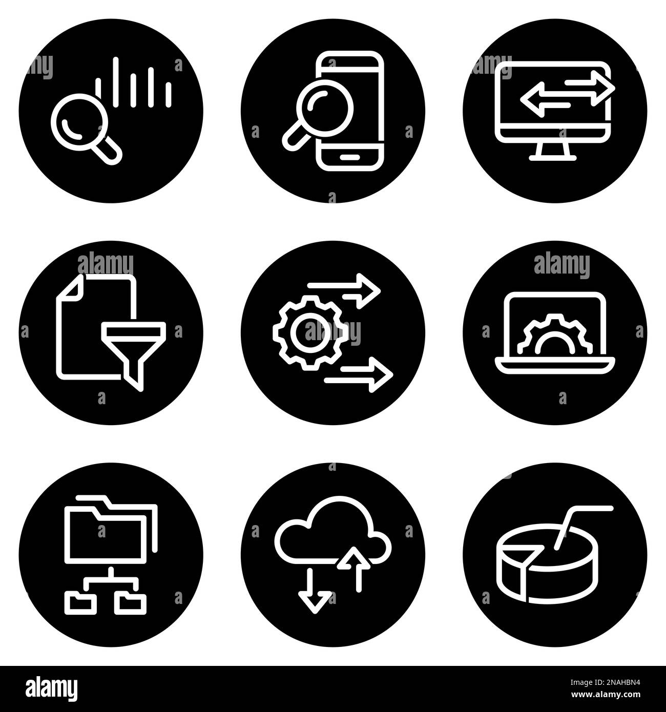Ensemble d'icônes blanches isolées sur fond noir, sur un thème Tri et analyse des données Illustration de Vecteur