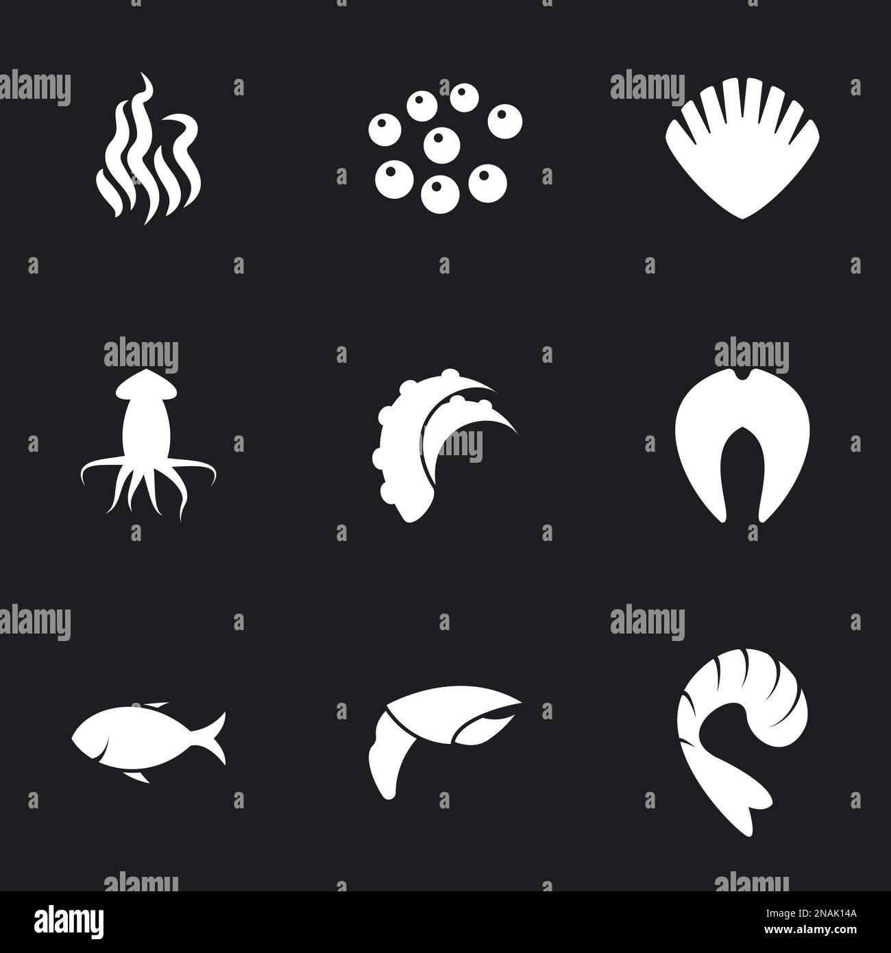 Icônes pour le thème fruits de mer. Arrière-plan noir Illustration de Vecteur