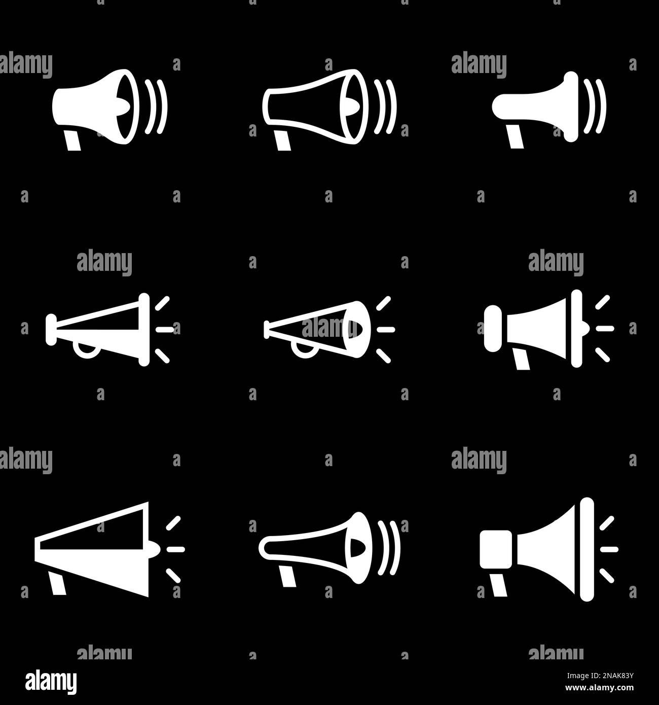 Icônes pour le thème mégaphone, vecteur, icône, définir. Arrière-plan noir Illustration de Vecteur
