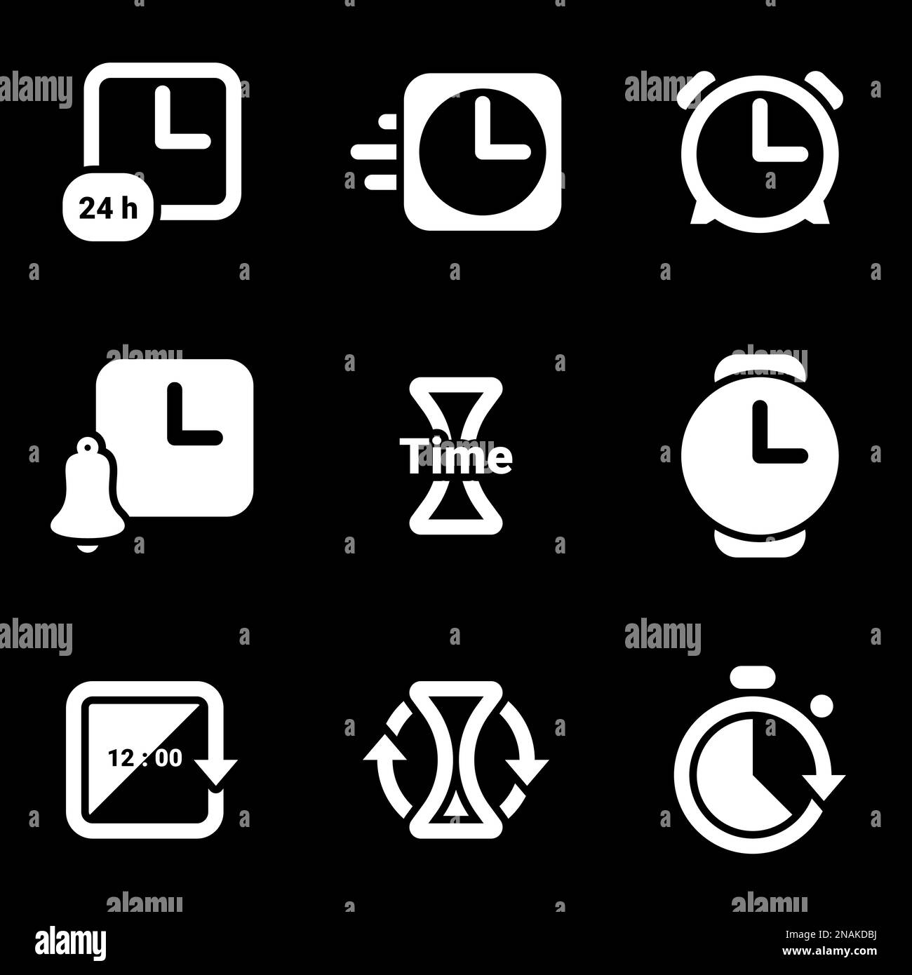 Icônes pour thème horloge, heure, minuteur, réveil , vecteur, icône, définir. Arrière-plan noir Illustration de Vecteur