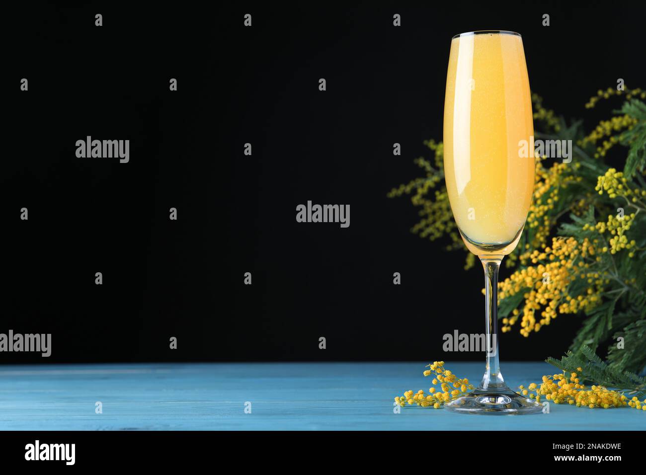 Verre de Mimosa cocktail avec branches fleuries sur table en bois bleu clair. Espace pour le texte Banque D'Images