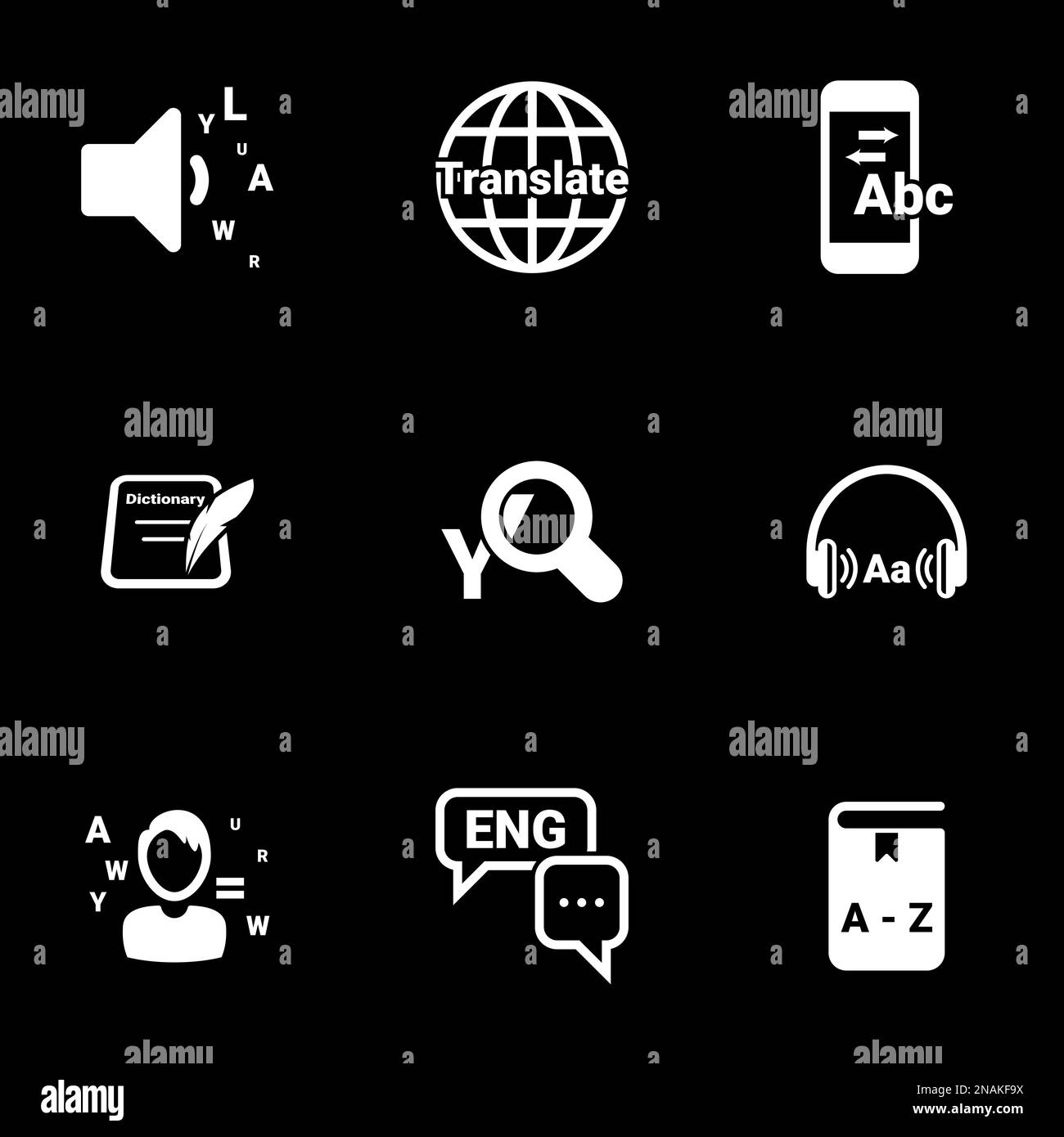 Ensemble d'icônes simples sur un thème Dictionnaire, traducteur, entraînement , vecteur, set.Black arrière-plan Illustration de Vecteur