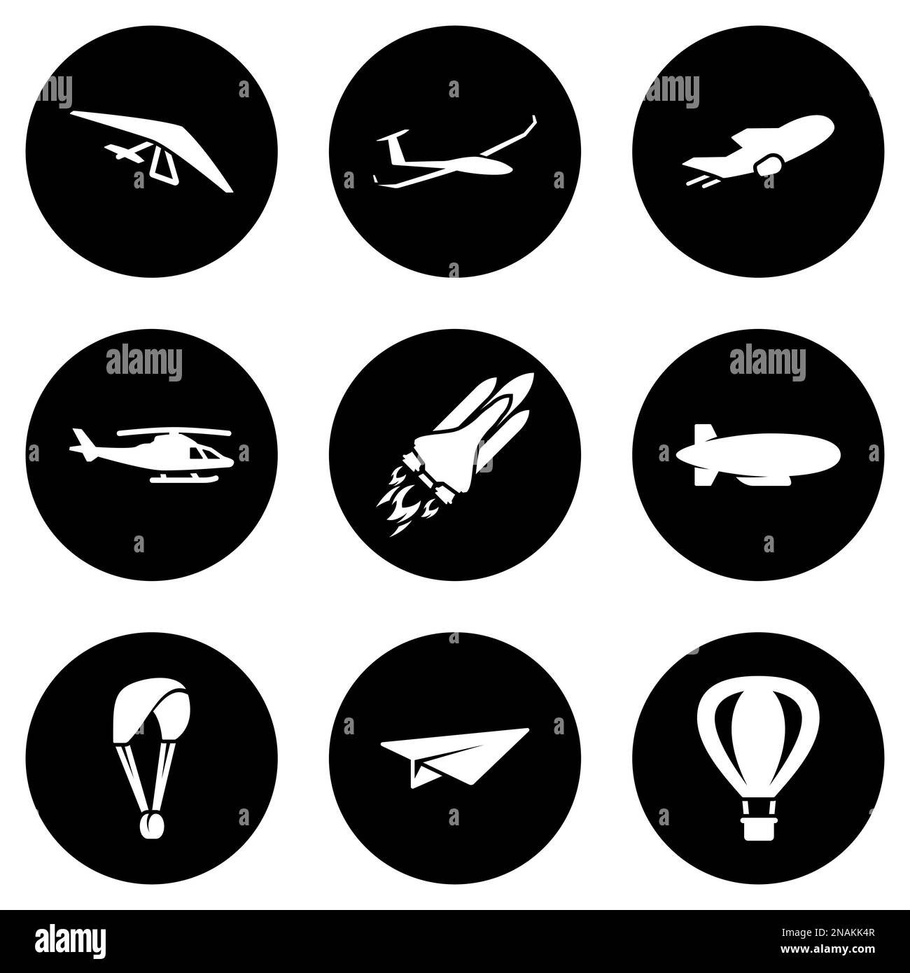 Ensemble d'icônes blanches isolées sur fond noir, sur un thème transport aérien Illustration de Vecteur