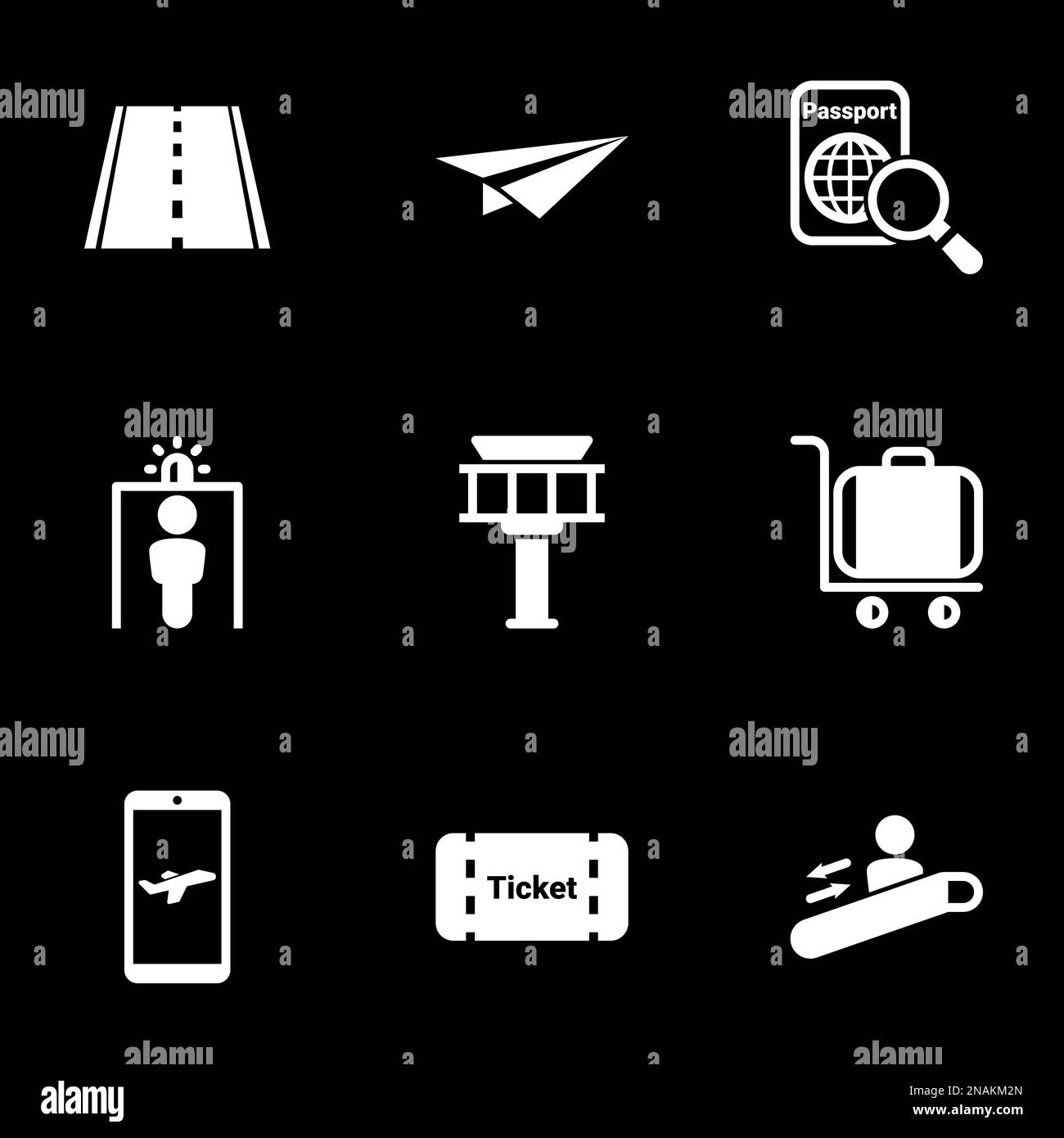 Ensemble d'icônes simples sur un thème aéroport, piste, avion, transport, vecteur, Définir.icônes blanches isolées sur fond noir Illustration de Vecteur