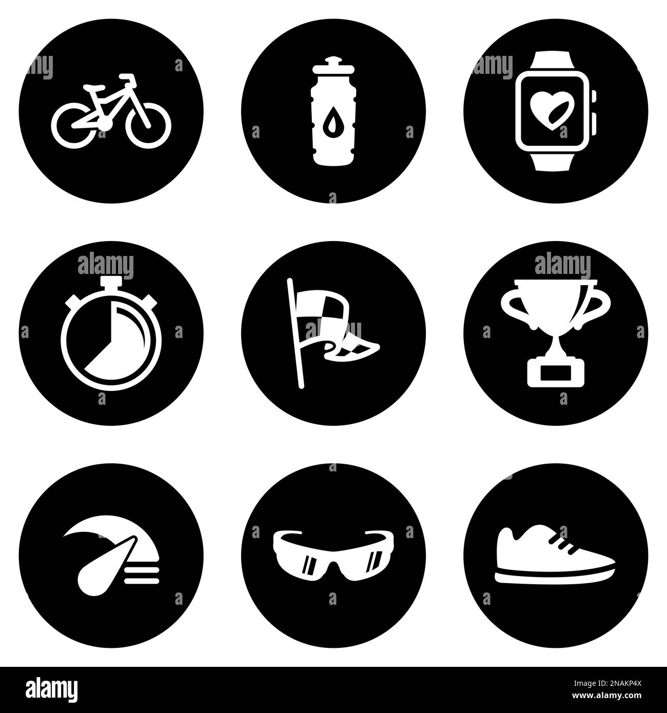 Ensemble d'icônes blanches isolées sur fond noir, sur un thème Cyclisme Illustration de Vecteur