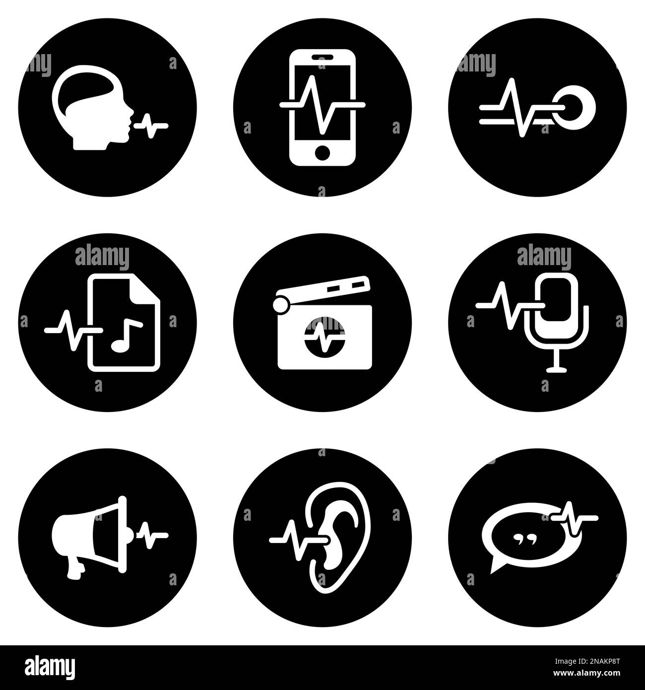 Ensemble d'icônes blanches isolées sur fond noir, sur un thème commande vocale Illustration de Vecteur