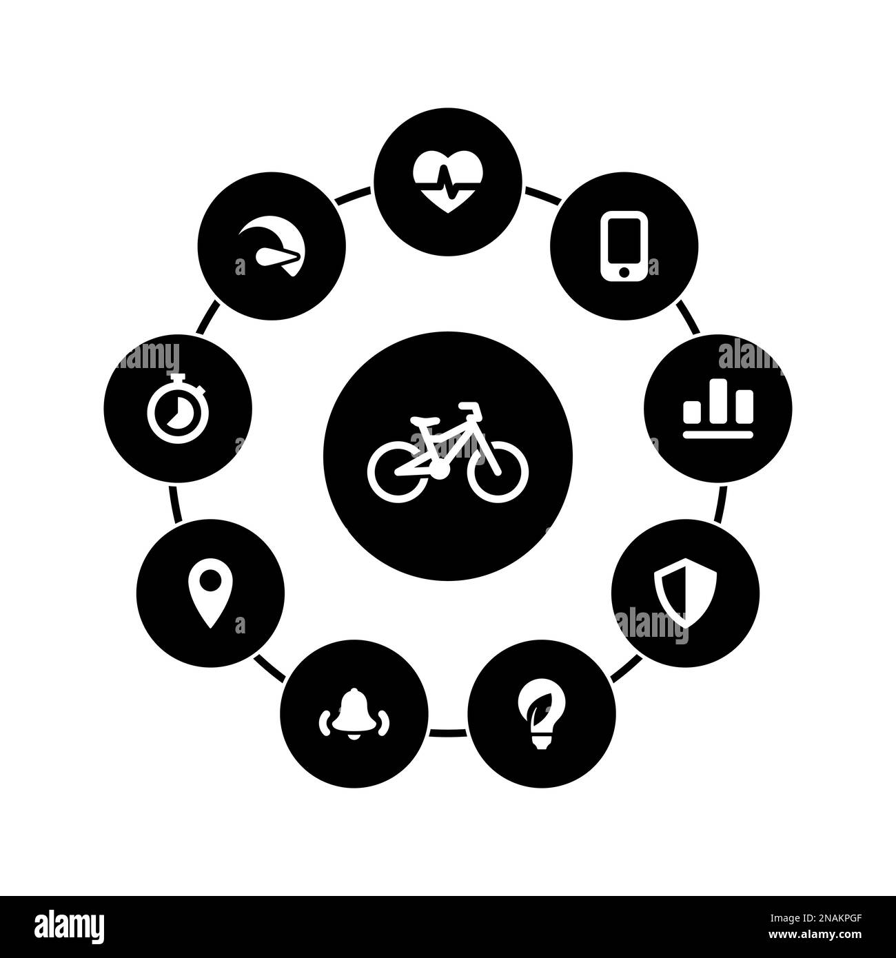 Ensemble d'icônes blanches isolées sur fond noir, sur un thème Bike Illustration de Vecteur