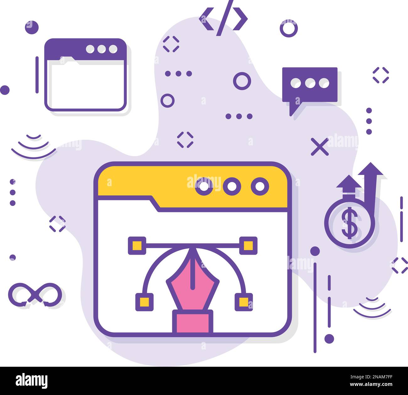 Illustration du stock d'outils d'édition de plumes, signature du constructeur de sites Web, services d'hébergement et de cloud computing Symbol, concept d'outil de travail créatif, conception Web Illustration de Vecteur