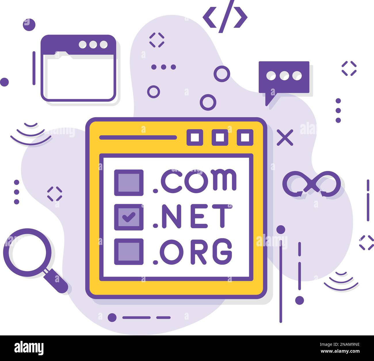 Concept de service d'enregistrement de domaine ou de tld de premier niveau, sélection d'organisation de point com net dans la conception d'icône de vecteur de fenêtre de navigateur, Cloud computing et Internet Illustration de Vecteur