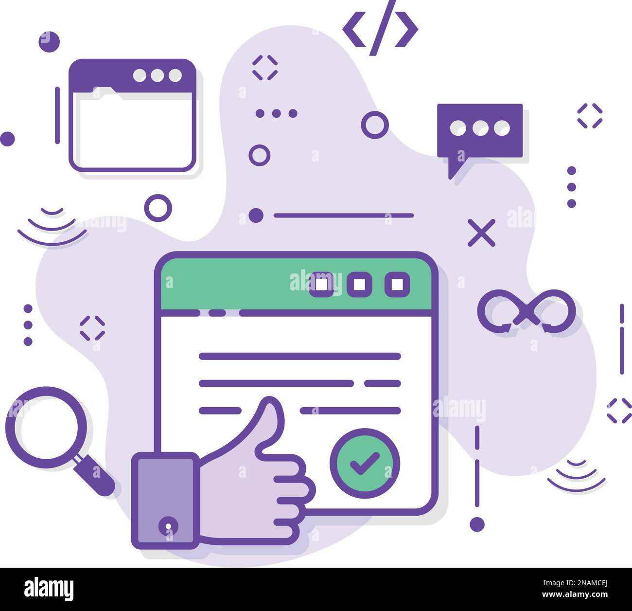 Concept de page Web vérifié, site Web avec signe similaire, navigateur avec illustration du stock de signe OK, conception d'icône vectorielle vérifiée et approuvée, Cloud computing Illustration de Vecteur