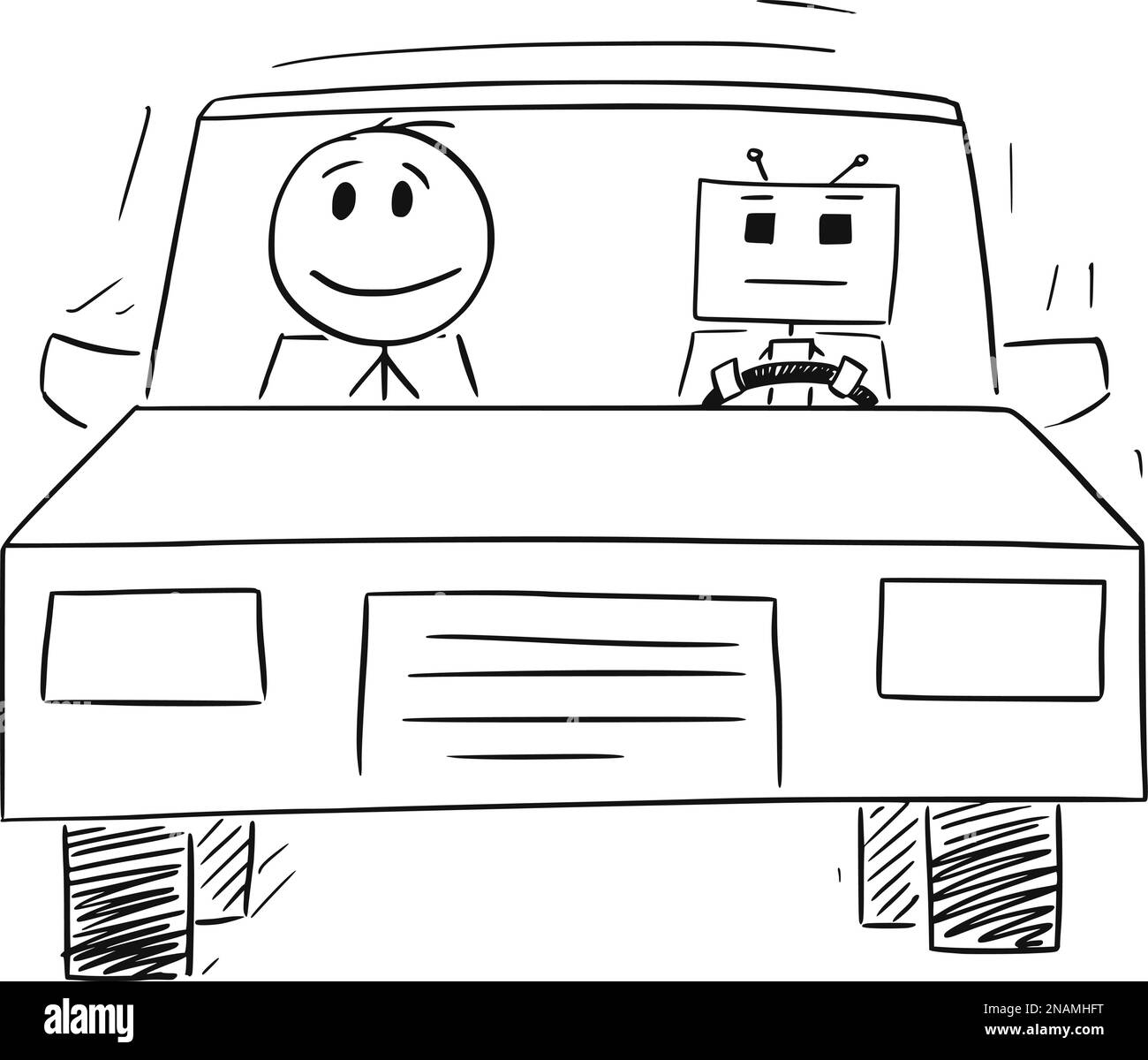 Robot ou ai conduisant une voiture autonome , bâton de dessin vectoriel Figure Illustration Illustration de Vecteur