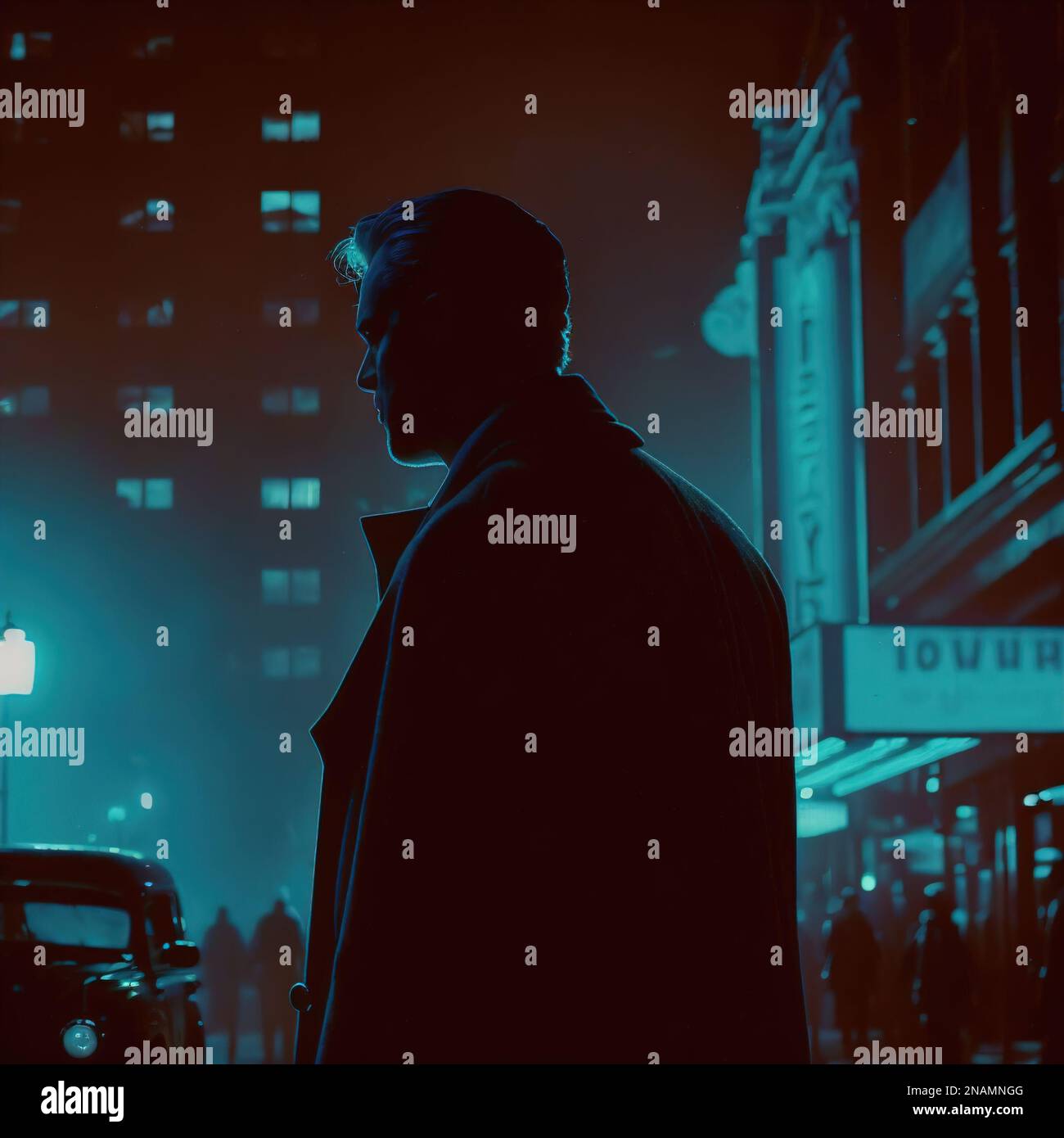 Photographie cinématographique d'un détective sillhoutte avec un arrière-plan de ville noir vintage. Banque D'Images
