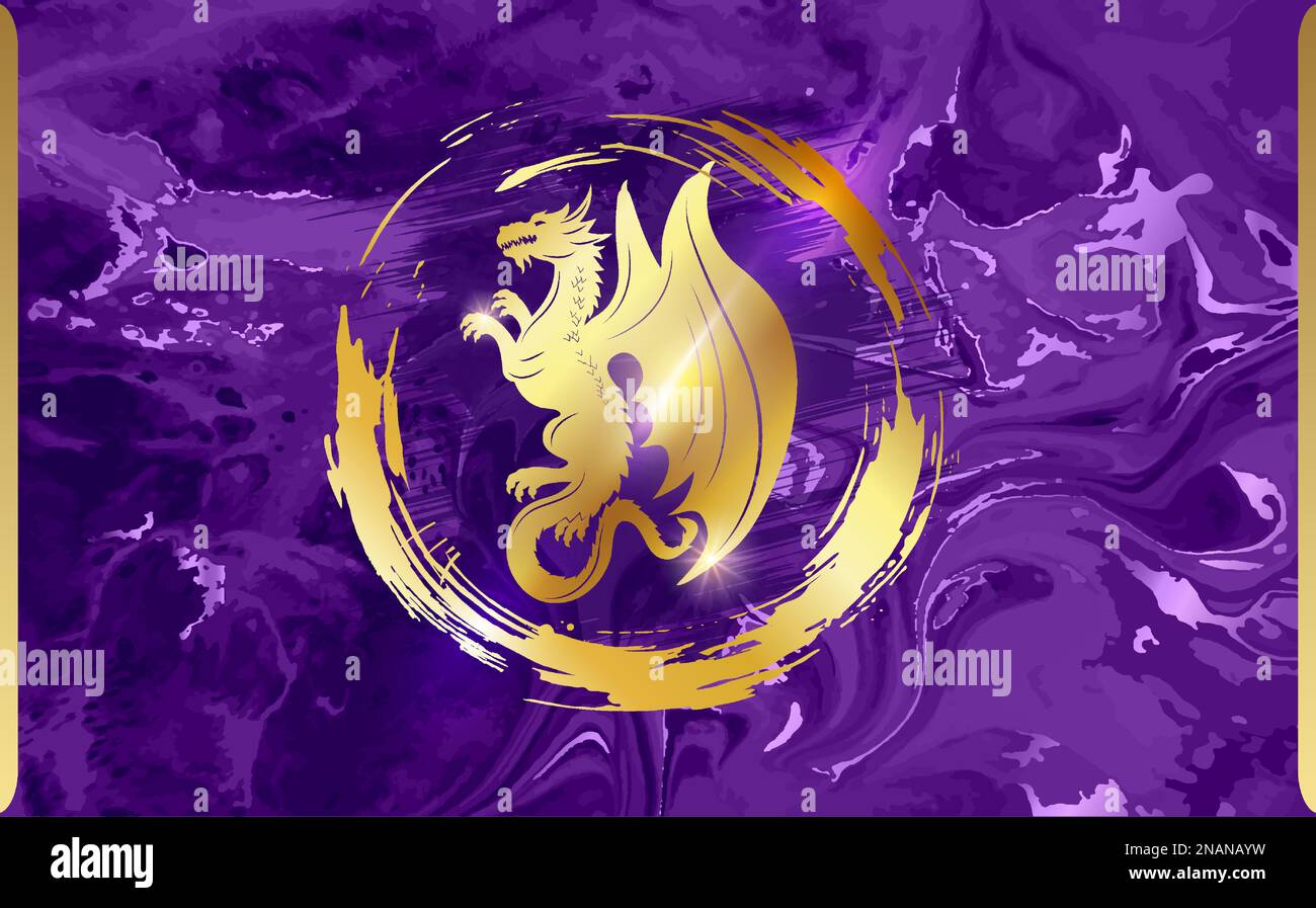 Dragon d'or dans un anneau sur fond violet. Fond bleu et or fantaisie avec symbole dragon. Image vectorielle. Illustration de Vecteur