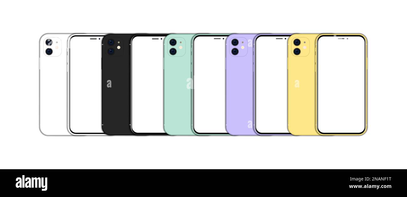 Grand ensemble de différents smartphones avec écran vide. Vue avant et arrière Illustration de Vecteur