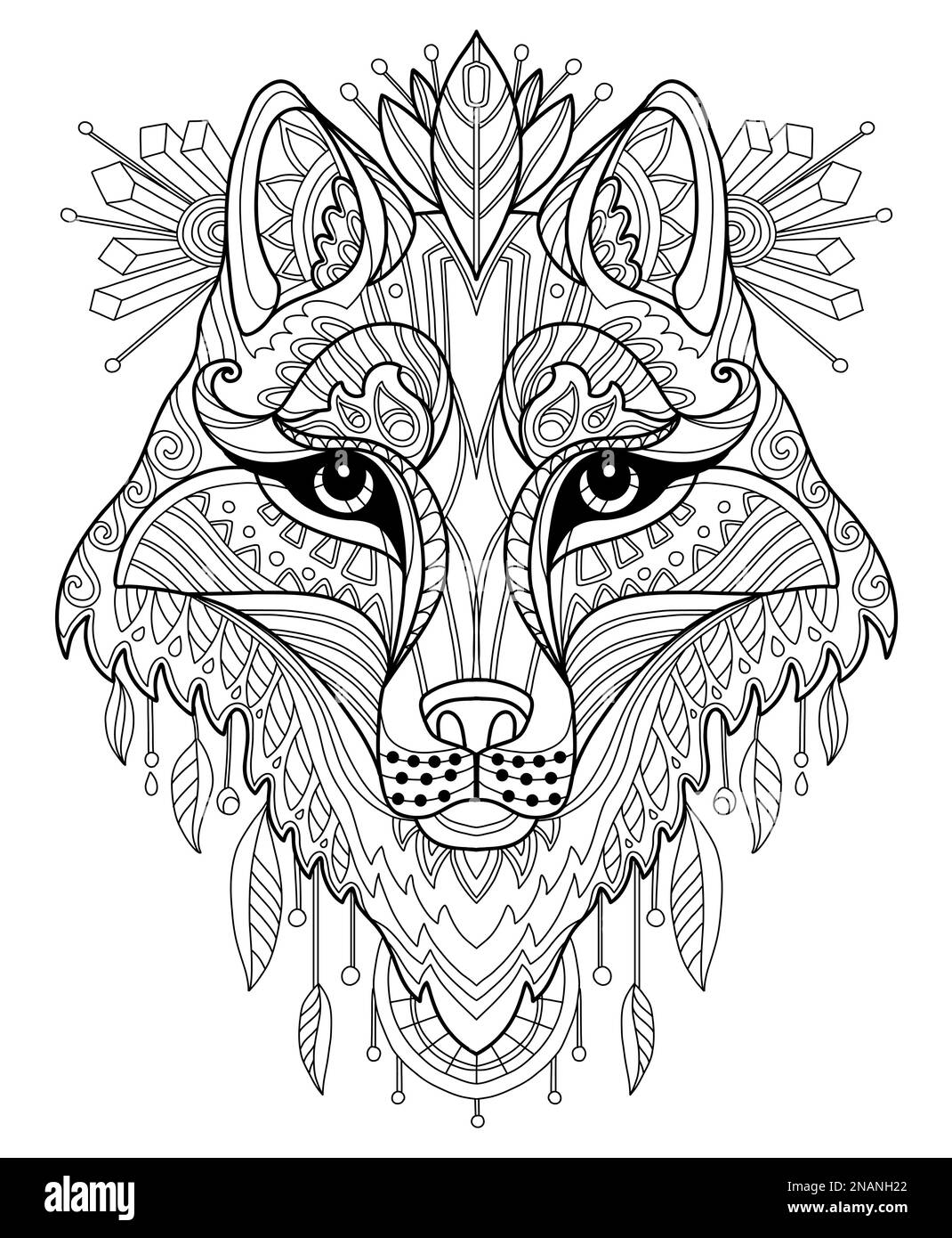 Tête de loup stylisée en gros plan. Illustration du vecteur de contour noir de l'esquisse dessinée à la main. Pour page de coloriage antistress, imprimé, design, décor, T-shirt pour adulte Illustration de Vecteur