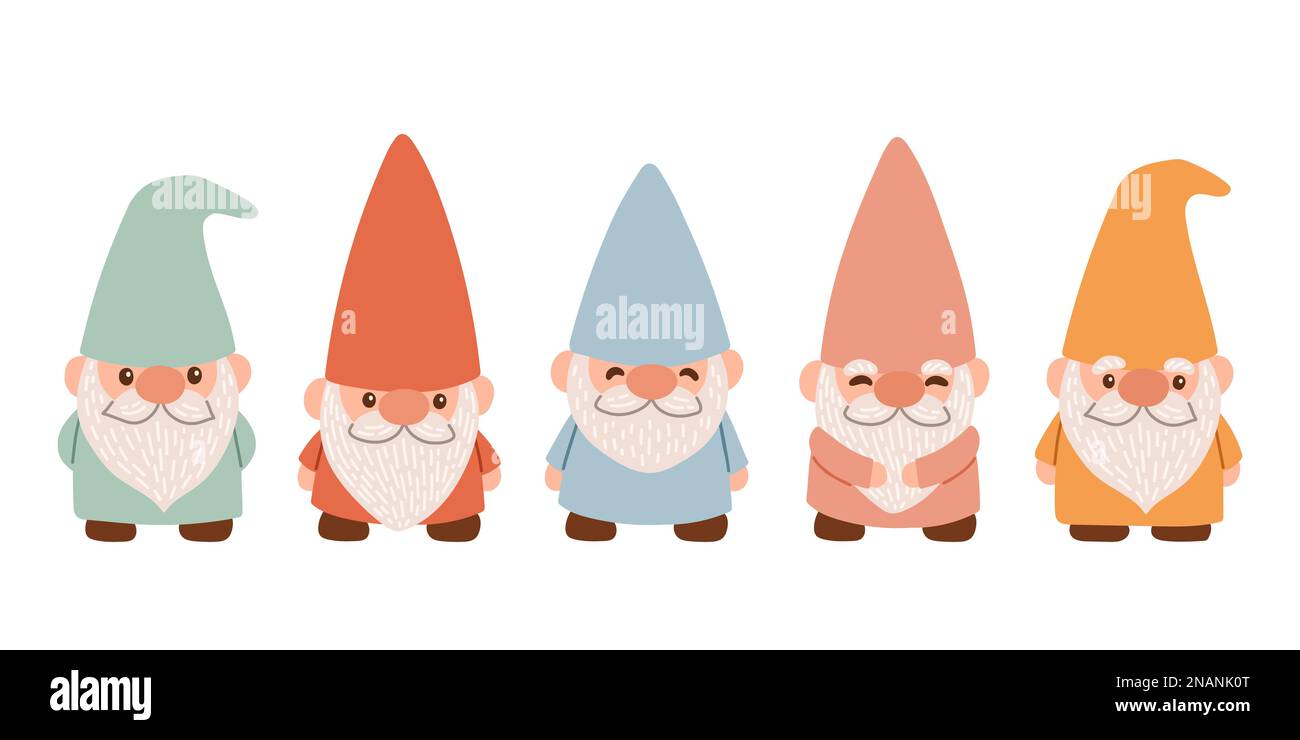Ensemble de jolis gnomes de jardin. Isolé sur un fond blanc. Illustration vectorielle plate EPS10. Illustration de Vecteur