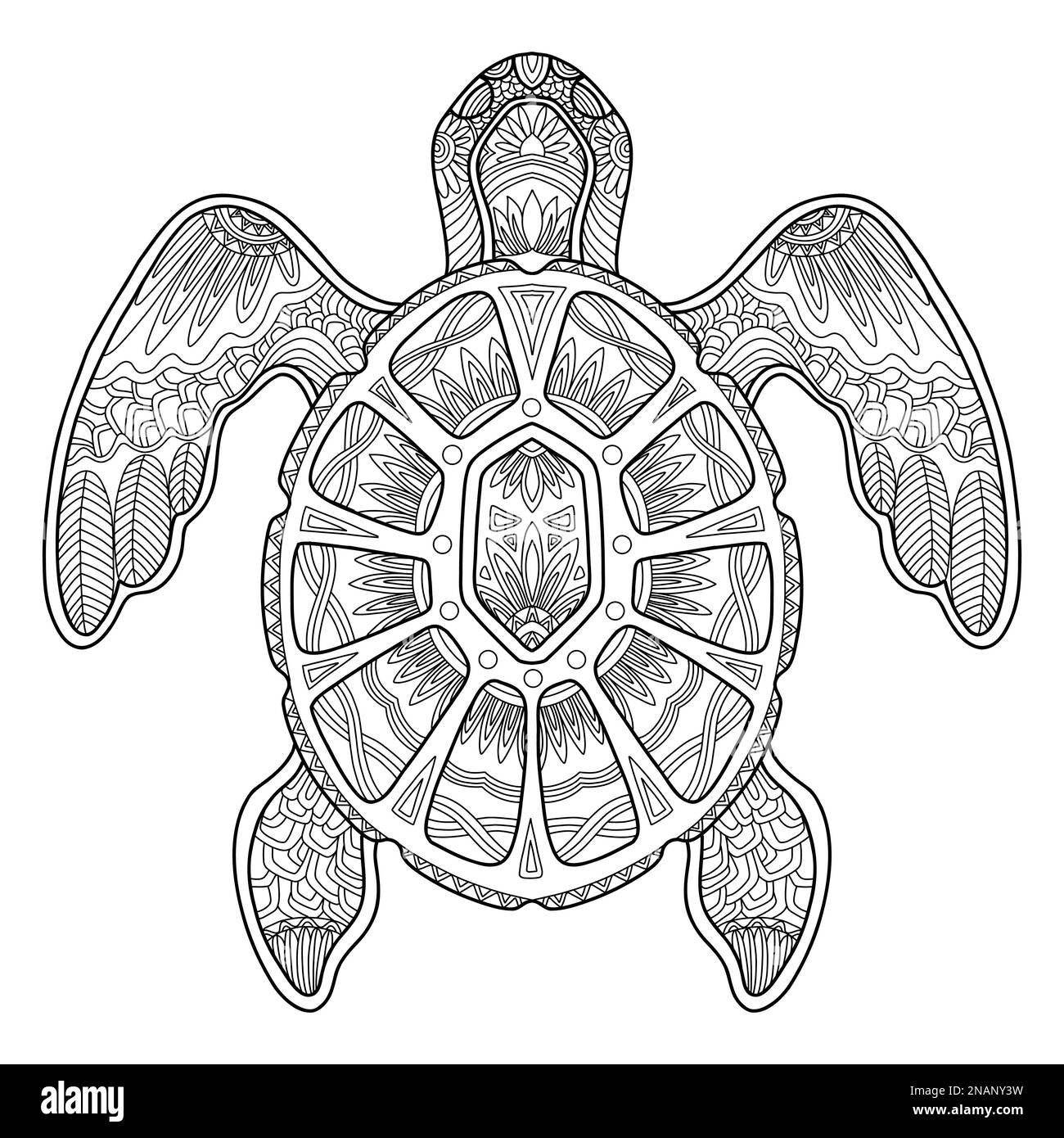 Tortue de mer stylisée gros plan. Illustration du vecteur de contour noir de l'esquisse dessinée à la main. Pour page de coloriage antistress pour adulte, impression, design, décor, T-shirt, Illustration de Vecteur