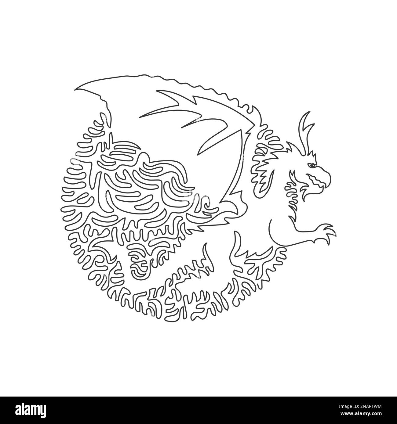 Courbe continue dessin d'une ligne d'un dragon mythologique. Illustration d'un vecteur de trait modifiable sur une seule ligne d'un dragon ailé redoutable Illustration de Vecteur