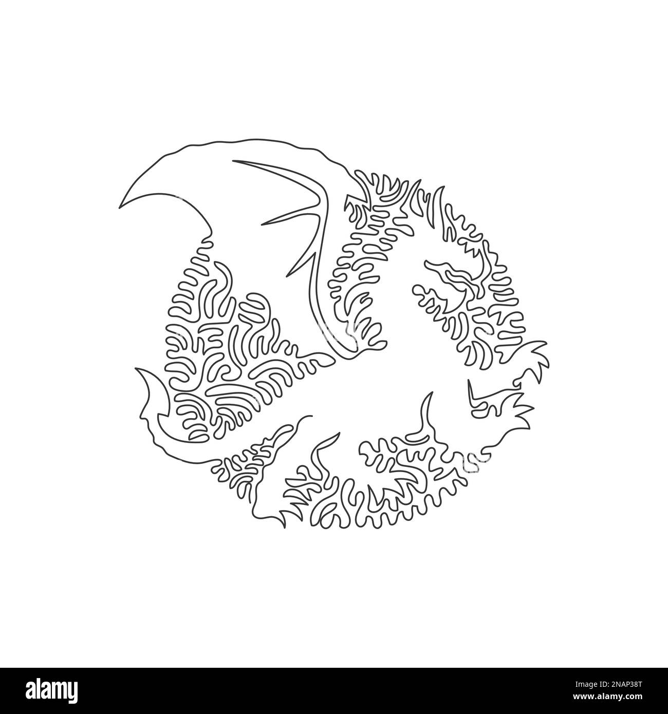 Dessin continu d'une ligne de courbe d'énormes ailes de dragon, art abstrait en cercle. Illustration d'un vecteur de trait modifiable d'une seule ligne représentant un dragon redoutable Illustration de Vecteur